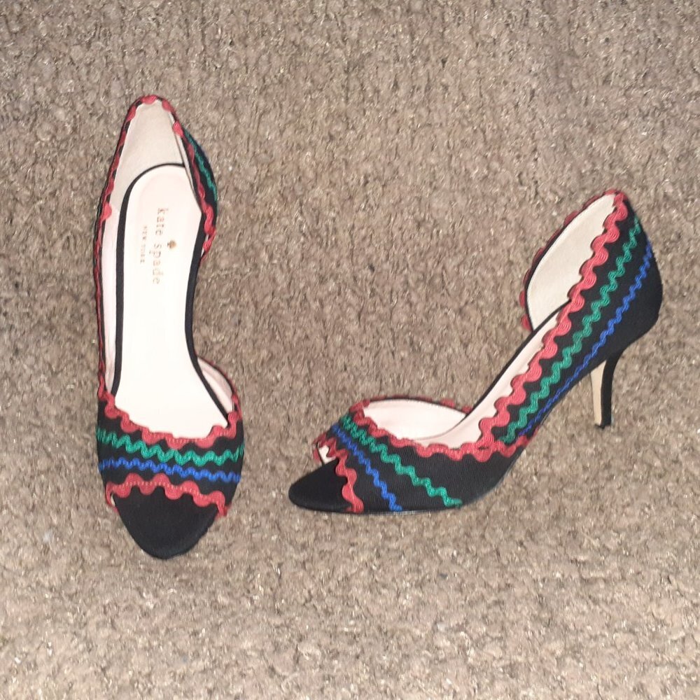 KATE SPADE-Saranne-d'Orsay Peep Toe-Black w/Red Green Blue Rick Rack-Sz 5.5-NM